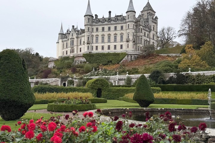 Castle with turrets and gardens with red flowers and trimmed hedges.