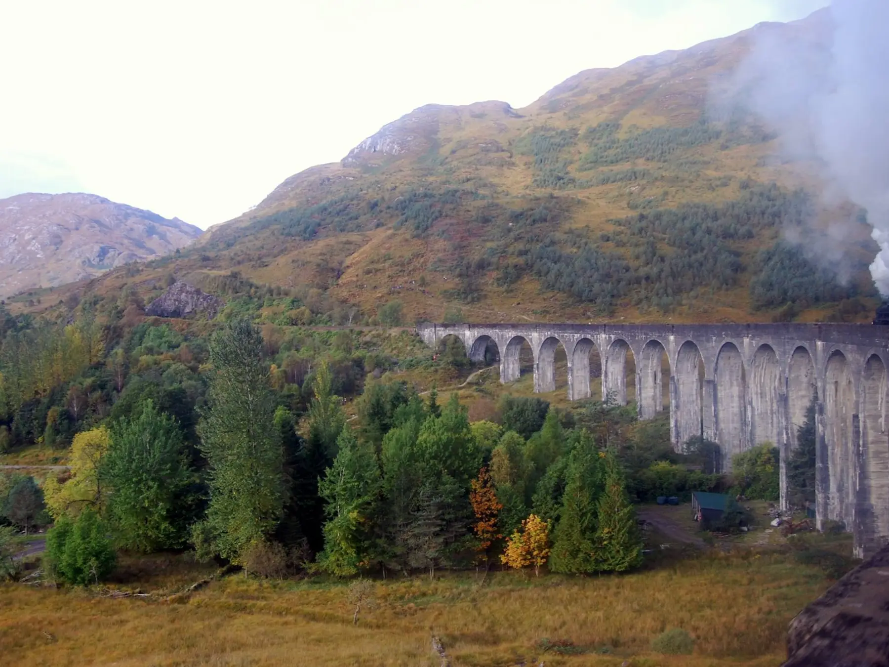 a steam train on a train track with a mountain in the background