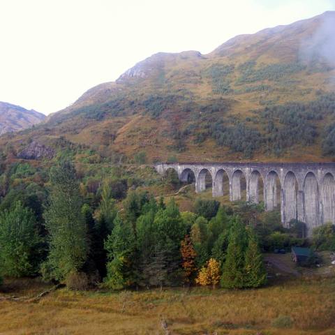 a steam train on a train track with a mountain in the background