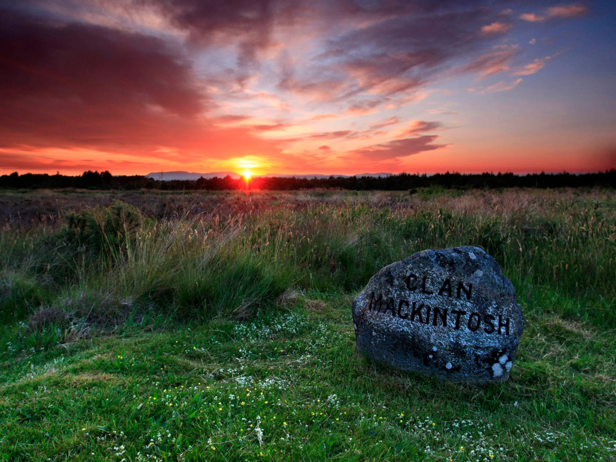 a sunset over a grass field