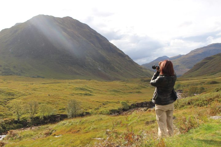a person standing in a field with a mountain in the background