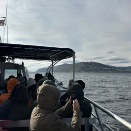 a group of people sitting at a dock
