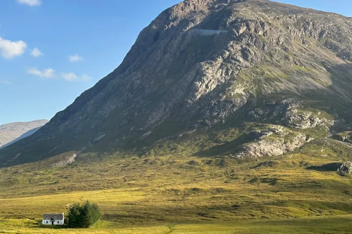 a field with a mountain in the background