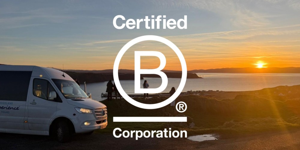 B Corporation logo over sunset coastal scene with a parked van.