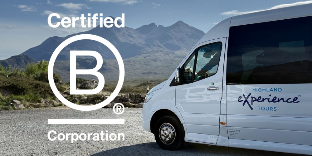 Certified B Corporation logo beside a tour van with mountains in the background.
